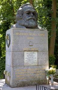 Tomb and Statue of Philosopher Karl Marx, marking his resting place in Highgate Cemetery, London.